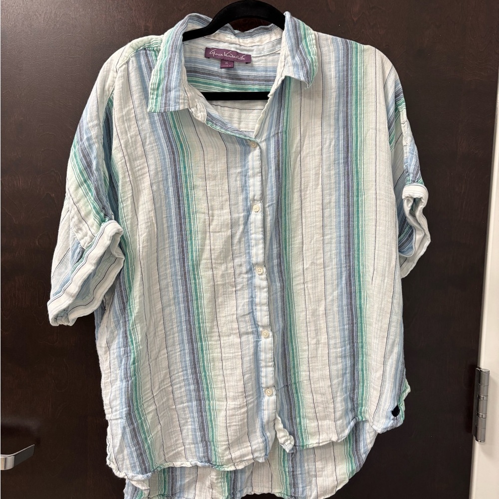 Gloria Vanderbilt Striped Button Down Shirt - Blue and Green